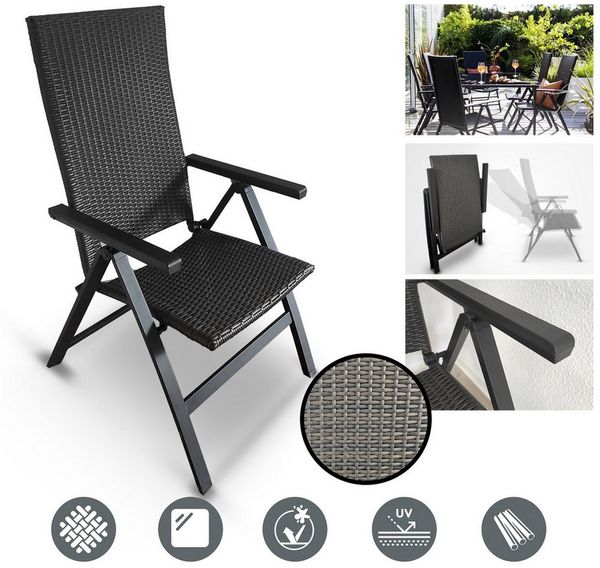 DM-Handel Gartenstuhl Aluminium Polyrattan Gartenstuhl (Campingstuhl Rattanstuhl in Grau/Anthrazit), Gestell aus Aluminium, Platzsparend, zusammenklappbar