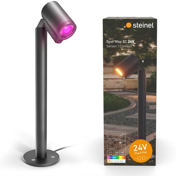 Steinel Wegeleuchte Spot Way SC 24V, RGBWW, 16 Mio. Farben, Bewegungsmelder, dimmbarer Gartenstrahler, App-Steuerung, Plug & Play, IP65, Anthrazit
