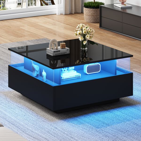 Couchtisch 70×70×41 cm Weiß Hochglanz mit LED-Beleuchtung, 2 Schubladen & transparentem Präsentationsbereich