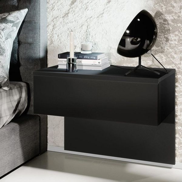 Vladon Nachttisch Sleep, Nachttischschrank mit Schublade zur Wandmontage, Schwarz matt/Schwarz matt (60 x 46 x 35 cm)