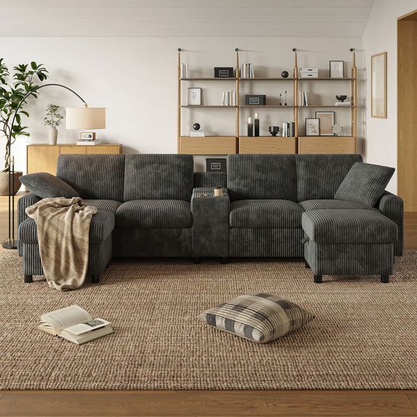 U-Form Ecksofa in Grau mit USB-Ladestation, flexiblen Hockern, großzügigem Stauraum, 315cmx81cmx135cm