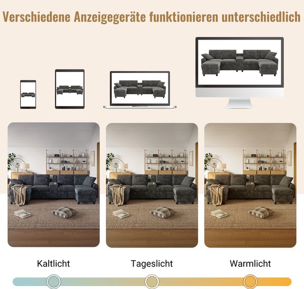 U-Form Ecksofa in Grau mit USB-Ladestation, flexiblen Hockern, großzügigem Stauraum, 315cmx81cmx135cm Bild 5