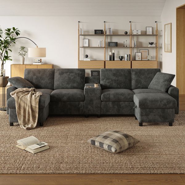 U-Form Ecksofa in Grau mit USB-Ladestation, flexiblen Hockern, großzügigem Stauraum, 315cmx81cmx135cm