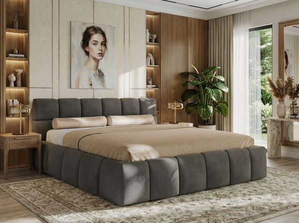 Doppelbett mit Gasdruckfeder, Polsterbett NIRA CLASSIC Holzlattenrost Bett mit Stauraum, gepolstertes Kopfteil Bettkasten - 180 x 200 cm - Dunkelgrau Velvet