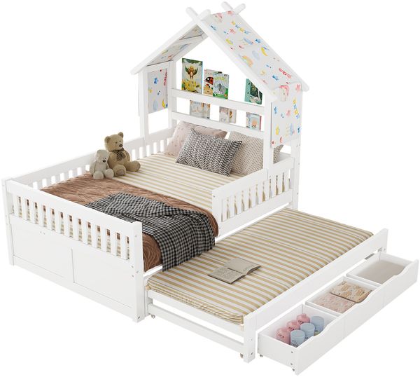 Holzplattformbett, hausförmig, 140x200 cm, mit Ausziehbett, 3 Schubladen und Sicherheitsgittern, weiß.