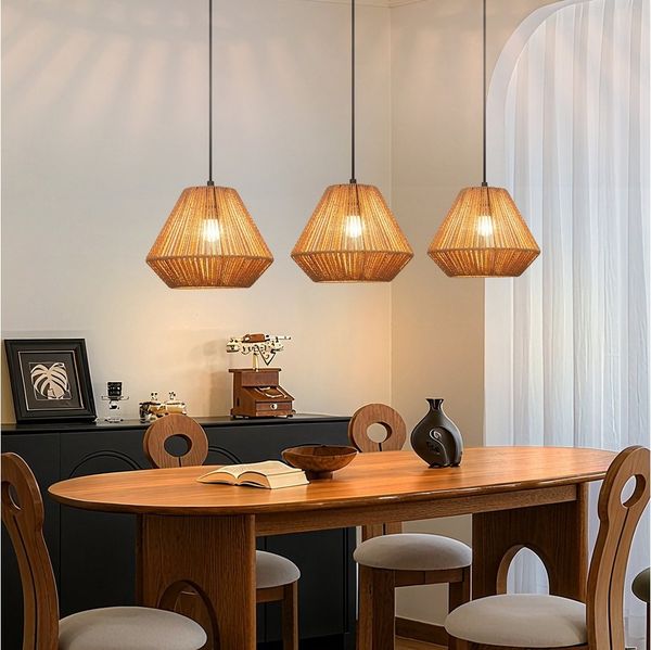 Nettlife Pendelleuchte Rattan 3 flammig Höhenverstellbar Boho E27 Hängeleuchte, Diamantflecht, Ohne Leuchtmittel, für Schlafzimmer Wohnzimmer/Ohne Leuchtmittel