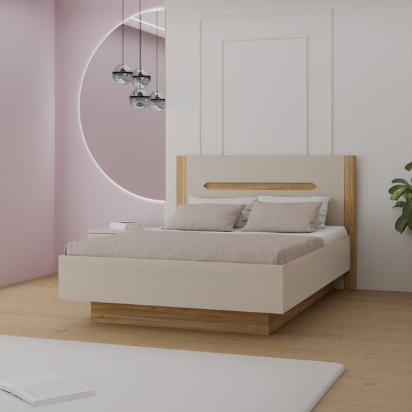 Forte EDWAL Bett Liegefläche 140 cm, modernes Bettgestell mit Stauraum unter dem Lattenrost, Holzwerkstoff, Kaschmir |Beige Holzdekor, 156,2 cm breit x 105,7 cm hoch x 206,6 cm tief
