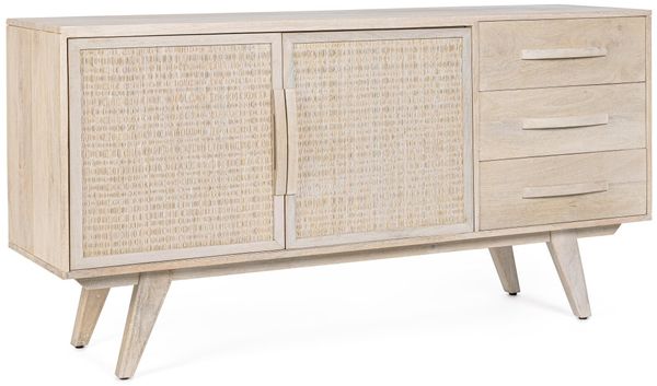 Sideboard Anahsa aus Mangoholz, skandinavischer Stil, Natur, 2 Türen, Rattan-Details