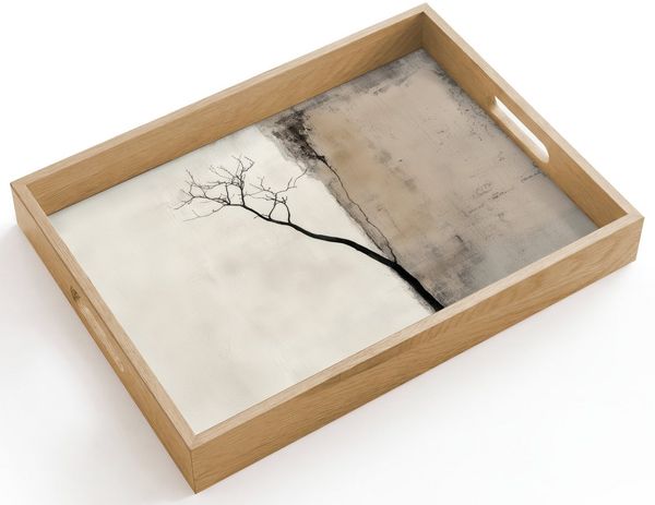 OnlyWow Tablett Rechteckig mit Henkel Wabi sabi - Pflanze - Beige, Eichenholz, (1-tlg), Siervierplatte, Tray, Frühstücksbrett