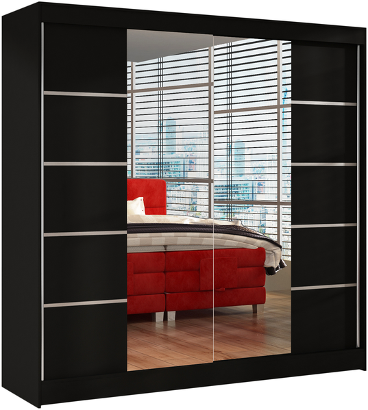 Schwebetürenschrank Basti V 200 cm mit Spiegel - Kleiderschrank mit 2 Türen, Kleiderstange und Einlegeboden, Schlafzimmerschrank, Schiebetürenschrank 200x215x58 cm (Schwarz)