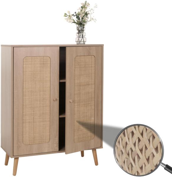 Highboard HWC-M38, Kommode Schrank Sideboard, Staufächer, Kubu Rattan Holz 106x80x41cm ~ Eiche-Optik