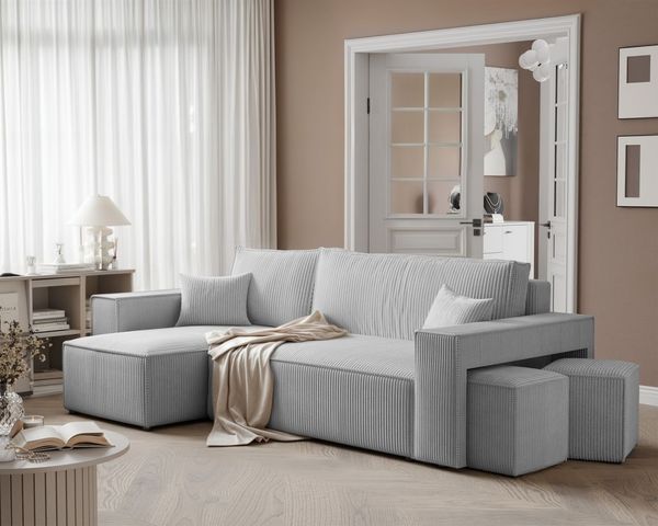 Ecksofa Schlafsofa Sofa ADARA inkl. Hocker Stoff Poso Hellgrau Ottomane Links