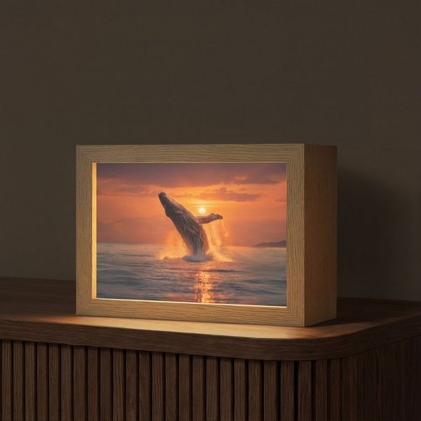 OnlyWow Tischleuchte Lightbox Wal - Sonne - Meer, Dimmbar, Farbwechsel, LED, Warmweiß, Kaltweiß, Neutralweiß Einstellbar, Tischlampe, Schreibtischlampe, Desk, Dimmbar, mit Kabel, LED