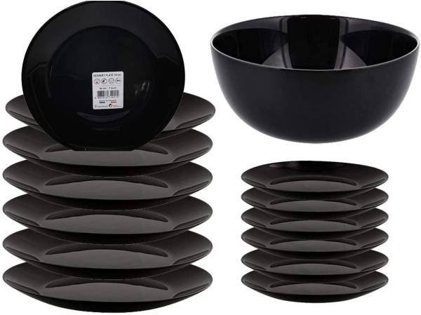 Riyashop Geschirr-Set Opalglas Speiseteller Dessertteller Schale Schwarz 6 x Snackteller