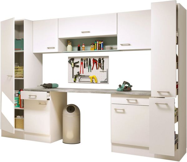 Flex-Well Mehrzweckschrank-Set LUCCA, 9-teilig, Hauswirtschaft-, Hobby/Werkraum, Küche, Breite 290 cm, (Komplett-Set, 9-St, bestehend aus: 2x Unter-, 3x Ober- und 2x Hochschrank, Regal+APL), Kombination aus 8 Möbelteilen und durchgehender Arbeitsplatte
