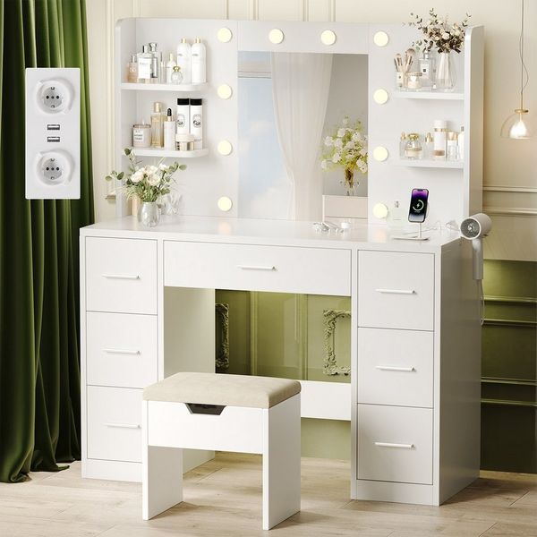 Furnicopia Schminktisch Schminktisch mit LED-Beleuchtung und Steckdosen (Abmessungen: 110 × 40 × 137 Zentimeter Ausstattung: 10 kugelförmige Leuchten mit einstellbarer Helligkeit, 7 Schubladen, 4 offene Staufächer, 1 USB- und 1 Typ-C-Ladeanschluss, 1 F...