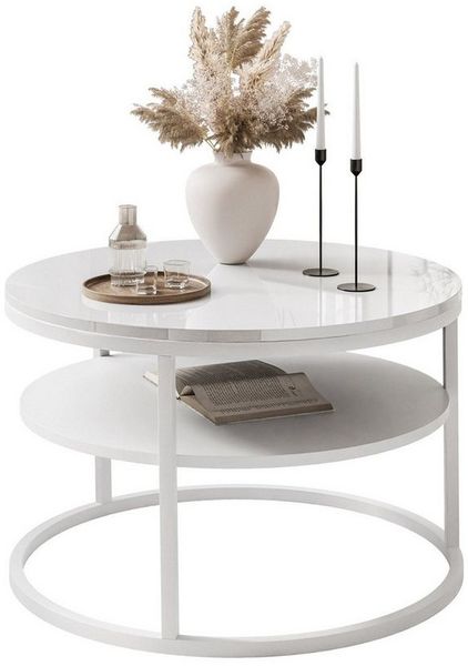 Lookway Couchtisch Ciri 60 mit Ablage, weißem Gestell und Hochglanzplatte (1 Tische), Durchmesser: ⌀60 cm
