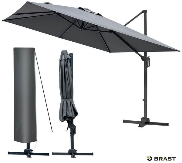 BRAST Alu Sonnenschirm Ampelschirm 3x3m rechteckig Grau inkl. Schützhülle UV-Schutz 50+ wetterfest rostfrei 360° drehbar & höhenverstellbar