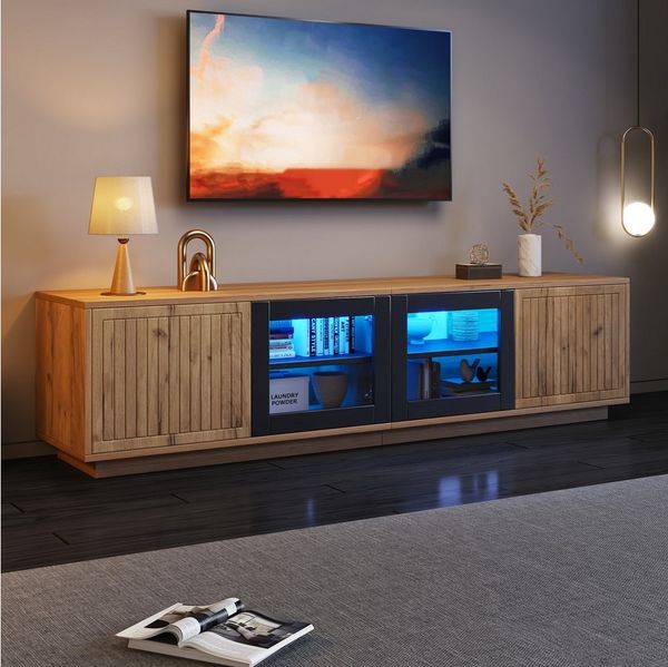 MODFU Lowboard Fernsehschrank 180x45x40 cm mit LED und 4 Türen, Naturholz/Schwarz (Packung, 1 St, mit zwei Schränken und LED-Lichtleiste), für Fernseher bis zu 75 Zoll