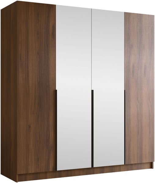 Drehtürenschrank Salkor II, Kleiderschrank mit 4 Türen, Frontspiegel (Farbe: Nuss Warmia / Nuss Warmia + Schwarz)