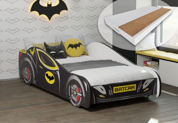 Kids Collective Autobett 70x140, 80x160 cm Kinderbett Jugendbett mit Rausfallschutz (Spielbett Batman Batmobil Bat Car Auto), Bett in schwarz Kinderbett 70x140 cm mit Matratze
