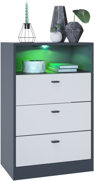 Vladon Kommode Pino V2, Anrichte mit 3 Schubladen & 1 offenem Fach, Anthrazit matt/Weiß matt mit LED RGB (56 x 86,5 x 36 cm)
