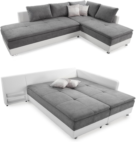 Ecksofa-Dauerschläfer Doppelbett Federkern Bettkasten Couch in Hellgrau Weiß