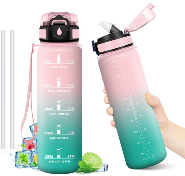 Trinkflasche Auslaufsicher 1L, Kohlensäure Geeignet, Motivierende Trinkflasche mit Zeitmarkierung, Sportflasche mit strohhalm, Wasserflasche Sport für Laufen, Bergsteigen, Reisen, Radtouren, Büro