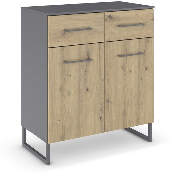 Kommode >Butte< in Eiche Artisan / grau metallic - 80x92x42 (BxHxT)