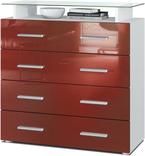 Vladon Sideboard Pavos V2, Kommode mit 4 Schubladen und Glasablage, Weiß matt/Bordeaux Hochglanz (76 x 81 x 35 cm)