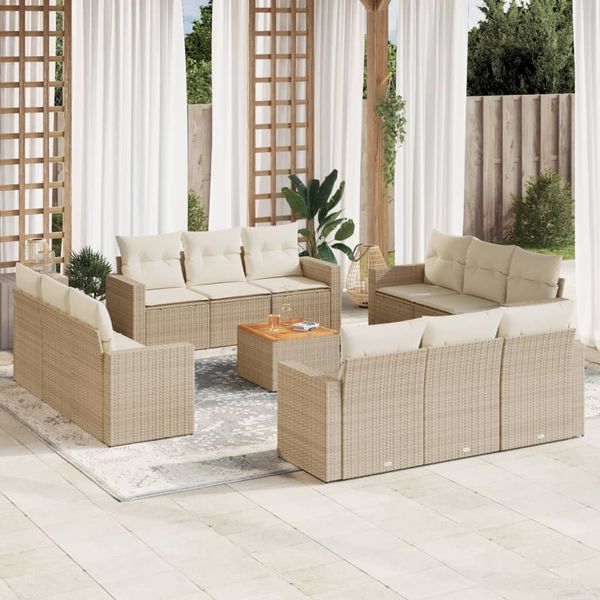 vidaXL 13-tlg. Garten-Sofagarnitur mit Kissen Beige Poly Rattan 3255869