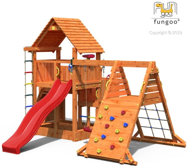 Fungoo Spielturm "Big Leader Spieder Red", teak,mit Einzelschaukel, Kletterturm, Rutsche und Sandkasten
