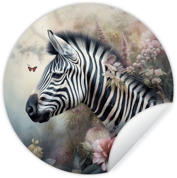 MuchoWow Wandsticker Zebra - Wilde Tiere - Schmetterling - Blumen (1 St), Wandtattoo Selbstklebend, Wohnzimmer Deko Aufkleber, 30x30 cm