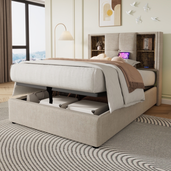 Polsterbett 90x200 cm aus Leinen mit Bettkasten und kabellosem Laden – mit USB- und Type-C-Anschlüssen