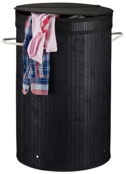 Relaxdays 3 x Wäschekorb Bambus mit Deckel schwarz