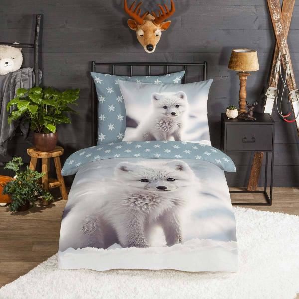 Traumschlaf Flanell Bettwäsche Polarfuchs|155x220 cm + 80x80 cm