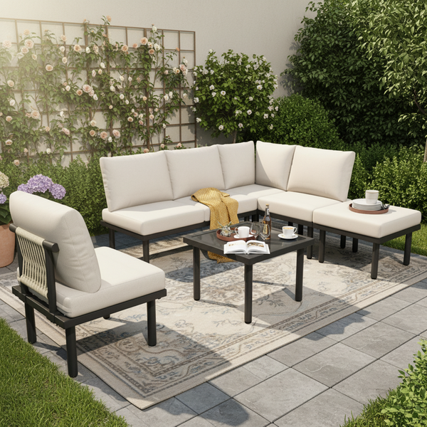 Merax Gartenlounge Set 6 Sitzer, Gartenmöbelsets mit Eisenrahmen, Gartentisch mit Gartensofa für 6 Personen, Terassenmöbel Balkonmöbel Set, Beige