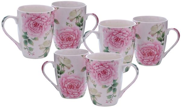 Spetebo Becher Kaffeebecher mit Rosen Motiv - 6er Set, 6-tlg, Porzellan, Kaffee und Tee Tassen für ca. 250 ml