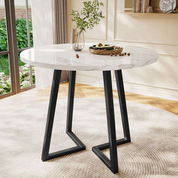 Runder Esstisch mit MDF-Tischplatte in Marmoroptik, Ø 80x75 cm, Weiß