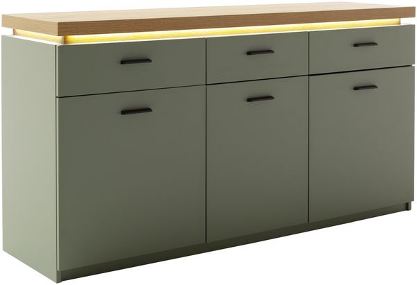 Sideboard >MONIZ< LED-Beleuchtung, Salbei grün/ Eichenfarben Dekor - 156x83x44 (BxHxT)