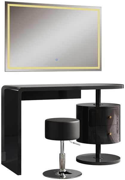Schminktisch Lara Schwarz Hochglanz 120 cm mit LED-Spiegel und Hocker Vicco