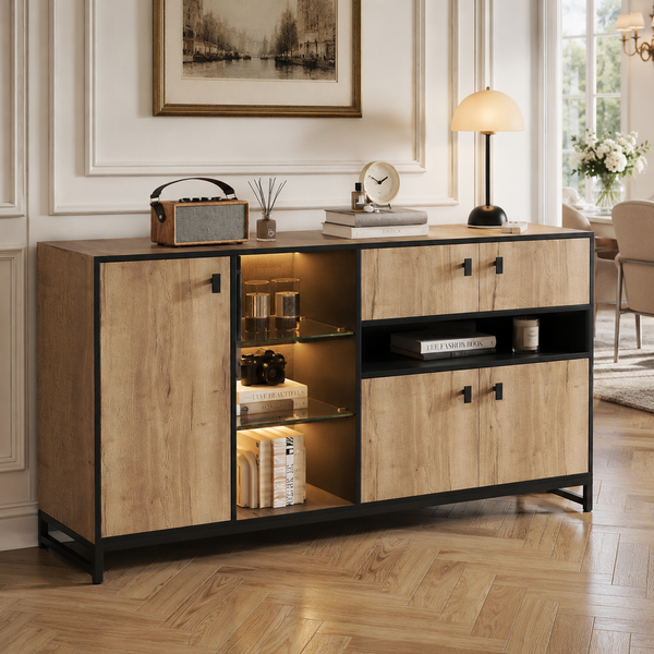 Sideboard 160 x 40 x 84,5 cm in Naturholzoptik, mit Glasregal, LED und verstellbarem Einlegeboden