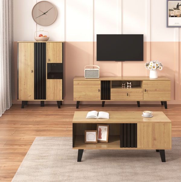 Wohnzimmer Möbel Set 3-teilig: TV-Schrank 170cm, Sideboard & Couchtisch, Holz/Schwarz