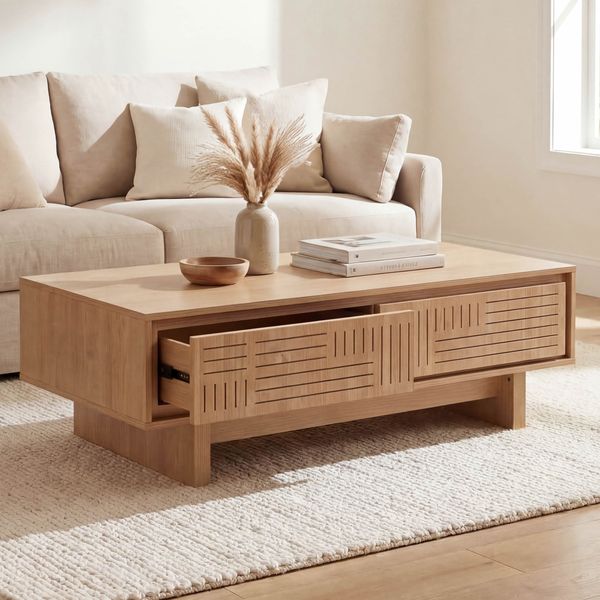 Couchtisch HWC-O33, Sofatisch Wohnzimmertisch Beistelltisch, 2 Schubladen 2 Fächer, Melamin 40x120x60cm ~ Ulme Natur
