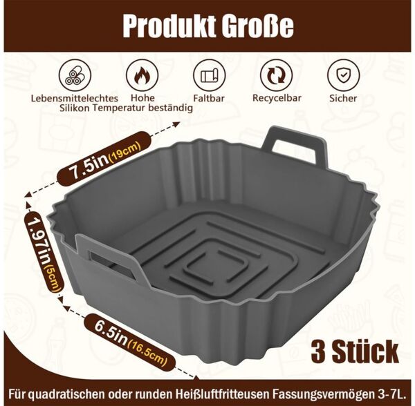 TUWENA Silikonform 3 Stück Silikonform, Wiederverwendbares Airfryer Silikon Einsätze, (3-tlg), Anstelle Airfryer Backpapier Pergamentpapier,Heißluftfritteuse Zubehör