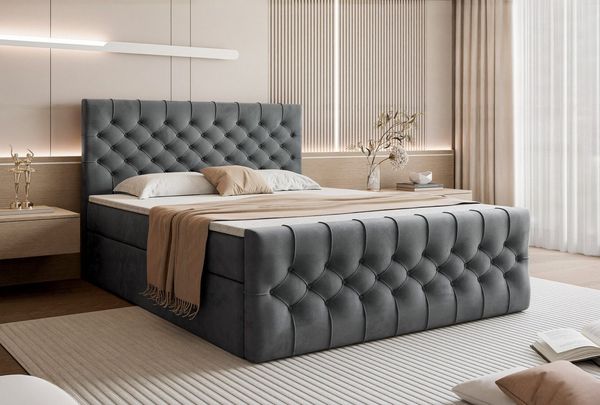 Goldstoff Boxspringbett TAURIEL mit Federkernmatratze & Topper, zwei Bettkästen (von 120 bis 200x200 cm), modernes Doppelbett aus Velvet Stoff mit edlem Kopfteil