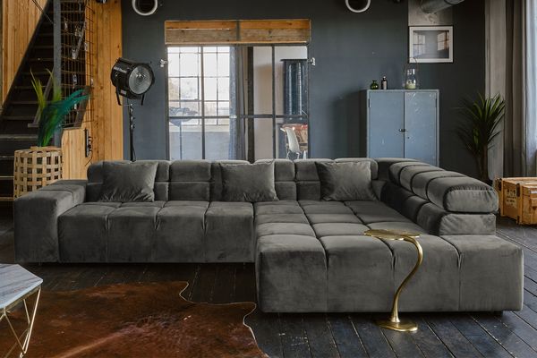 KAWOLA Sofa NEVADA Ecksofa Velvet grau Recamiere rechts mit motorischem Sitzvorzug 82 x 215 x 319 cm