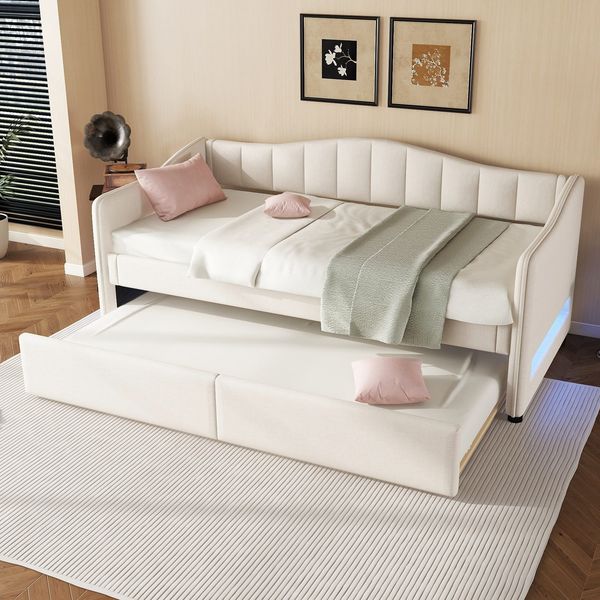 Schlafsofa mit Gästebett, LED-Beleuchtung und Lattenrost, 90x200 cm, Einzelbett, Polsterbett, Leinen