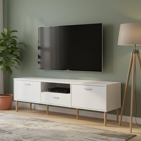 Dmora - Fernsehschrank Heloise, Ständer für Wohnzimmerfernseher, Niedriges Wohnzimmer-Sideboard, TV-Ständerbasis, 177x40 h57 cm, Weiß