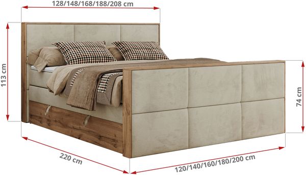 Doppelbett, Boxspringbett mit zwei Multipocket-Matratzen und ein Topper, Bettkästen, Eiche Wotan Holzrahmen, genähtes Kopfteil und Front - ALBERO 2 KING DUO - 140 x 200 cm - Beige Velours - H3 Bild 6